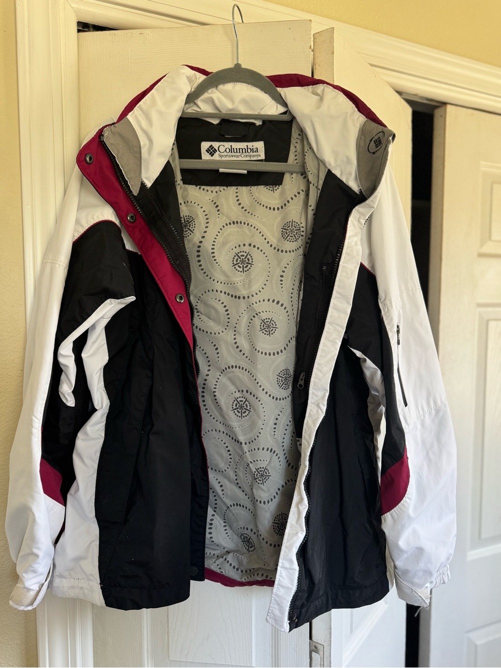 Columbia Two-Tone Hooded Jacket in White, Black & Berry Trim